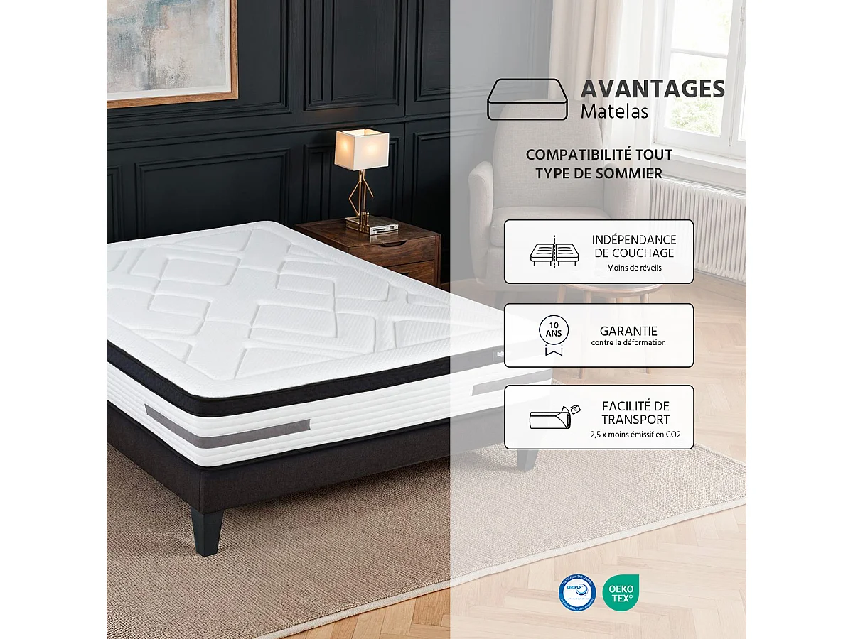 Matelas Bellevue - Ressorts ensachés + mémoire de forme - 24 cm - 140x200 cm