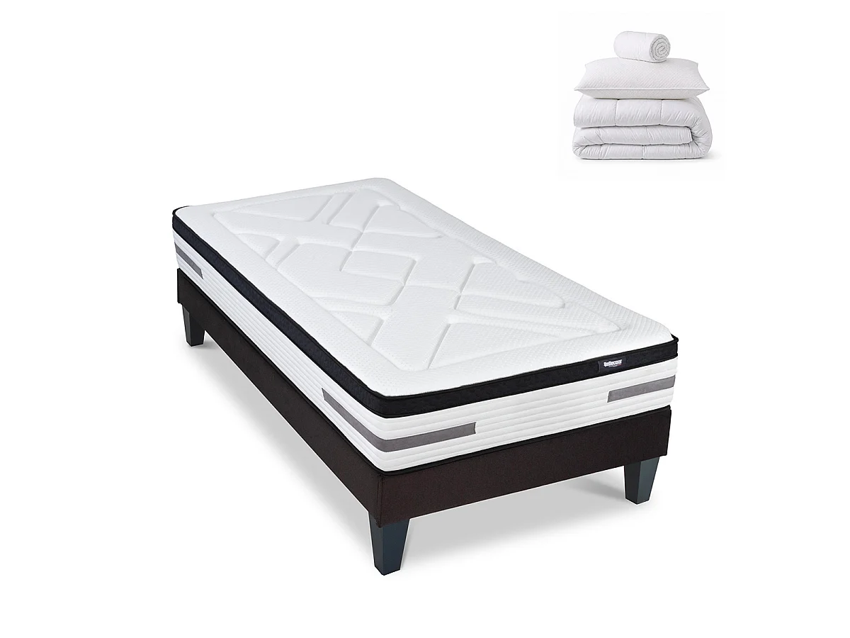 Pack Bellevue 90x200 cm Matelas Ressorts ensachés + Sommier Bois + Accessoires