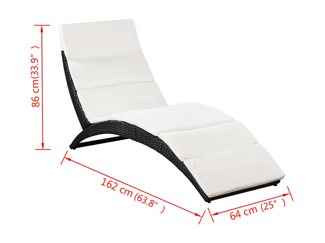 Ligbed inklapbaar met kussen poly rattan zwart