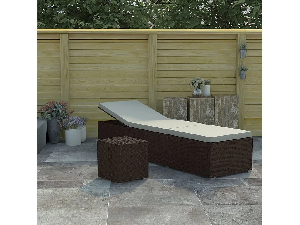 Sonnenliege mit Auflage und Teetisch Poly Rattan Braun
