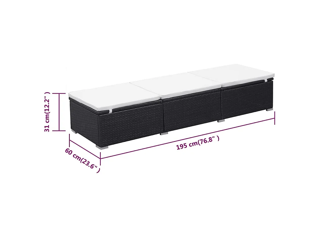 Ligbed met kussen poly rattan zwart