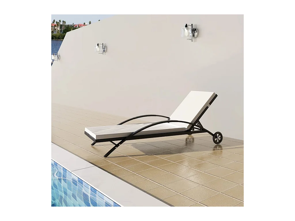Chaise longue avec coussin et roues Résine tressée Noir
