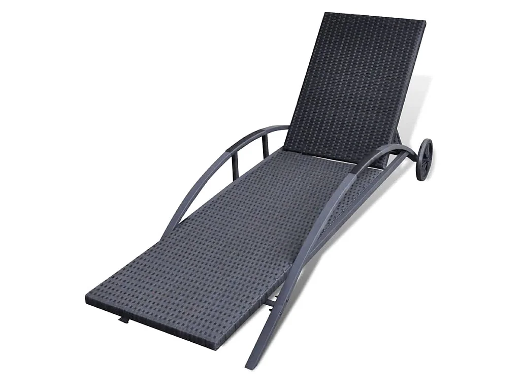 Sonnenliege mit Polster & Rollen Poly Rattan Schwarz