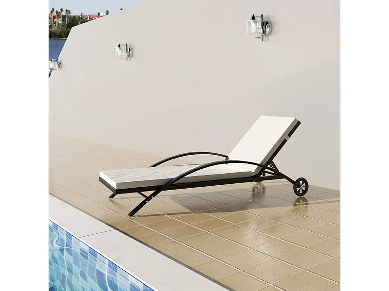 Chaise longue avec coussin et roues Résine tressée Noir