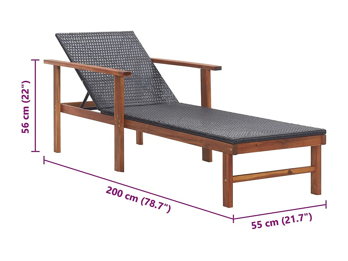 Chaise longue Résine tressée et bois d'acacia massif Noir