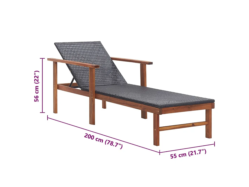 Chaise longue Résine tressée et bois d'acacia massif Noir