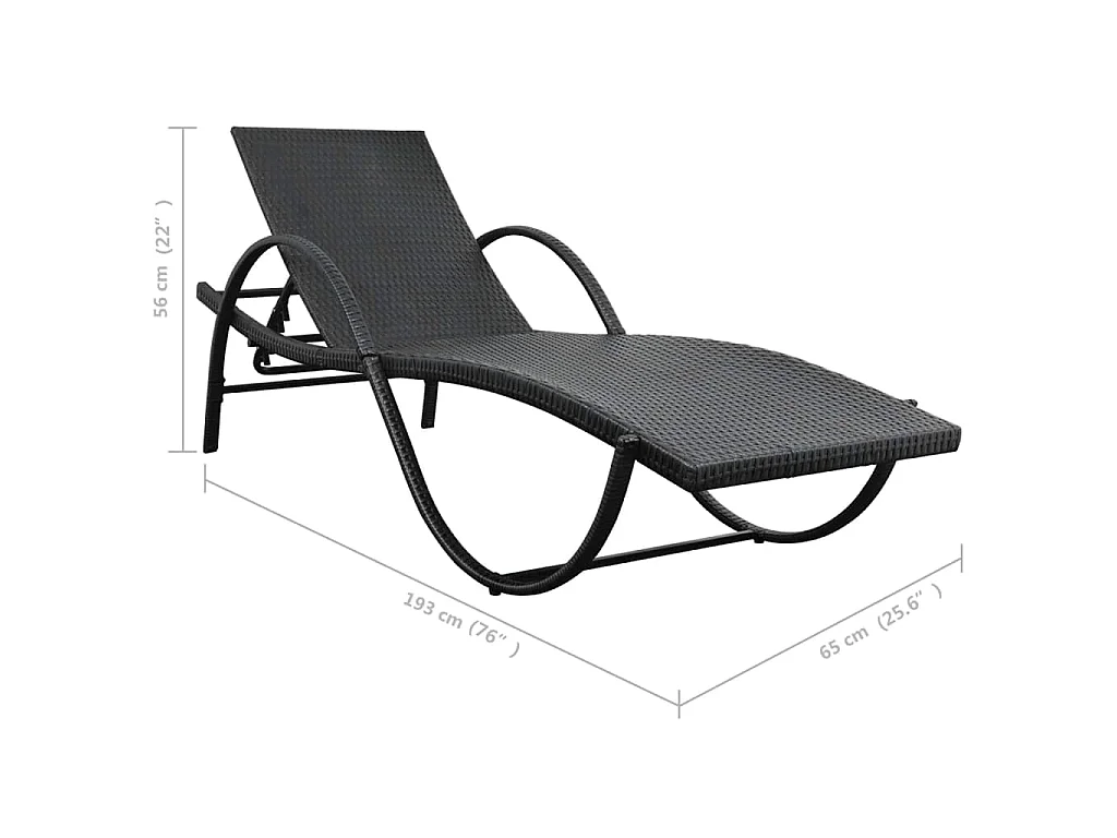 Lettino Prendisole con Cuscino e Tavolo in Polyrattan Nero