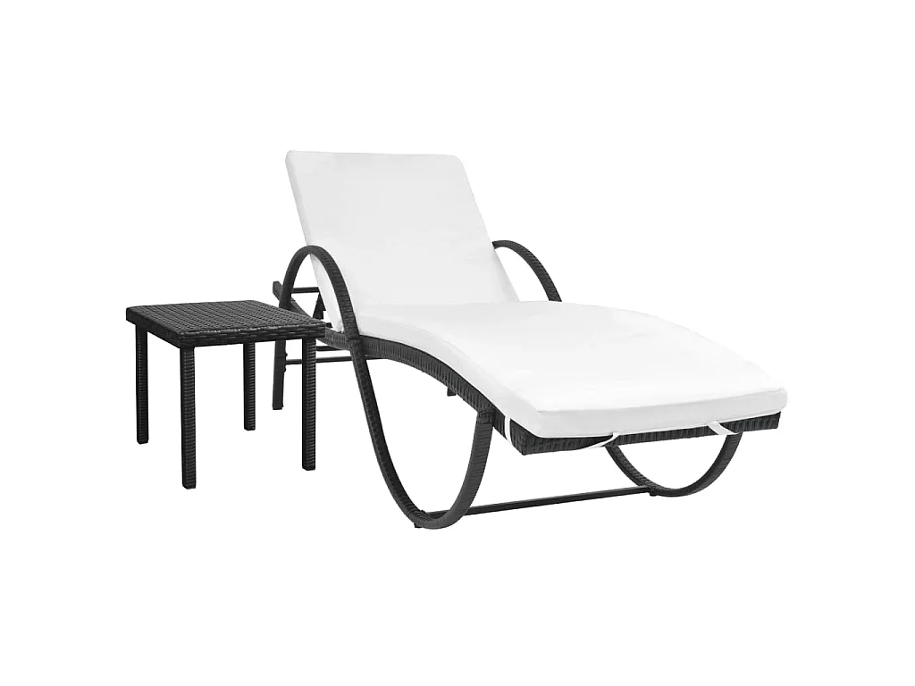Sonnenliege mit Auflage & Tisch Poly Rattan Schwarz