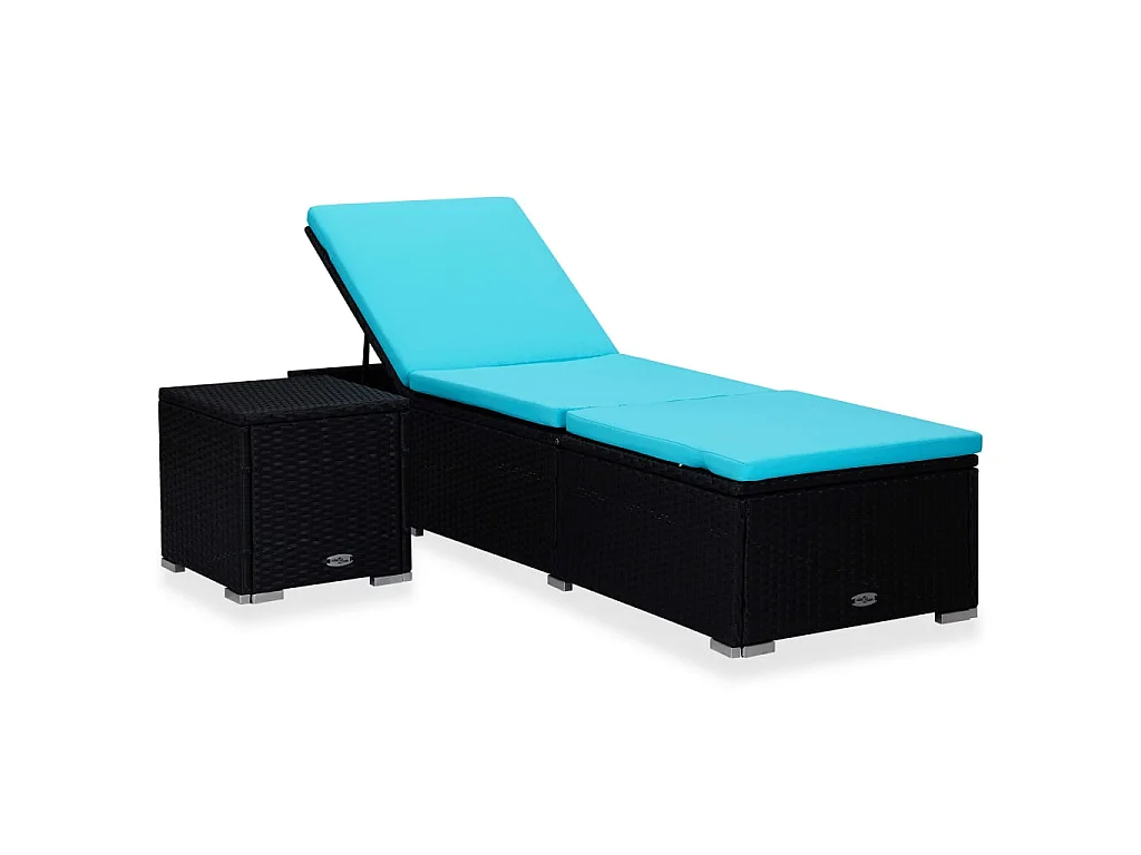 Lettino Prendisole con Cuscino e Tavolino in Polyrattan Blu