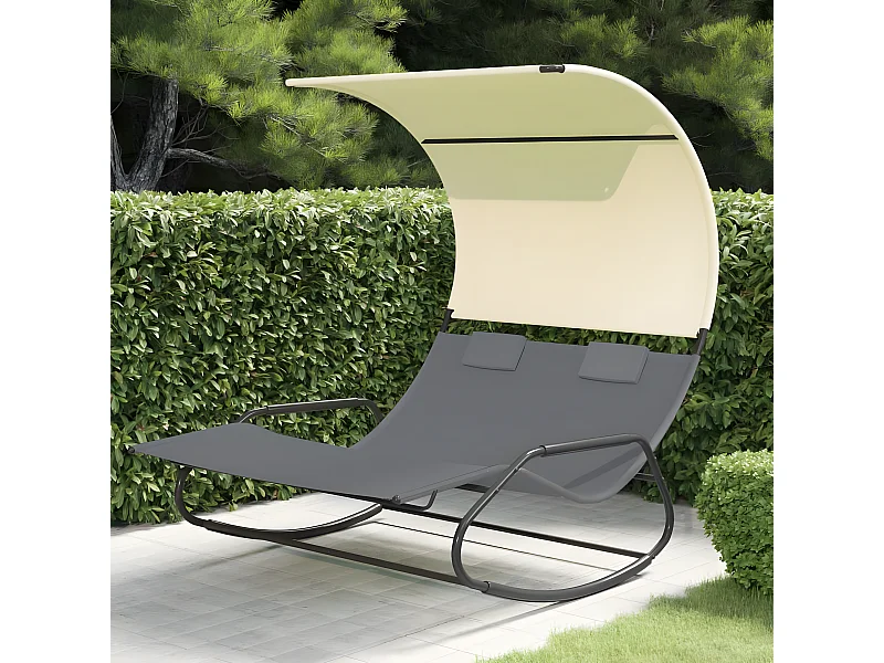 Chaise longue double à bascule avec auvent Gris et crème