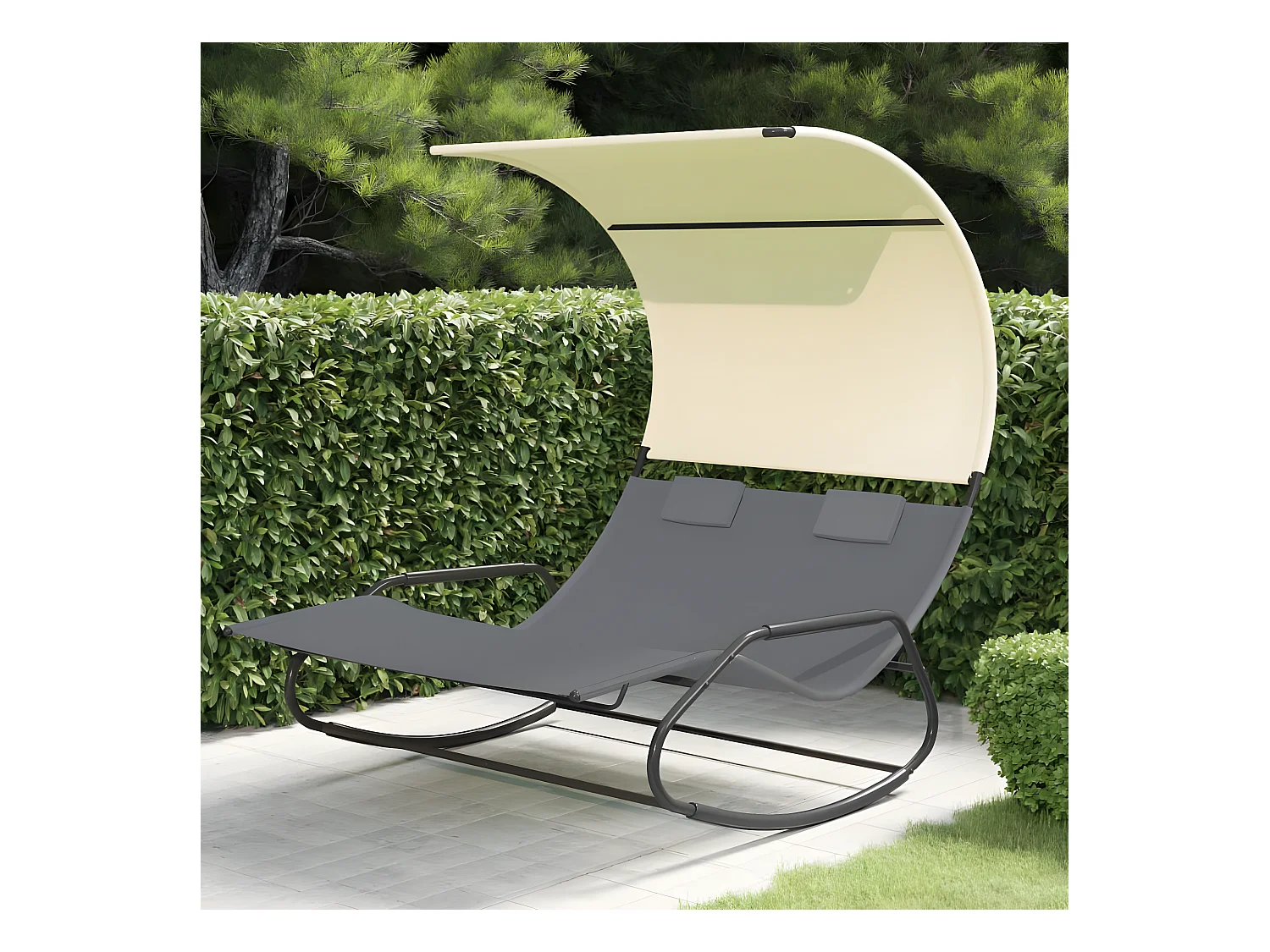 Chaise longue double à bascule avec auvent Gris et crème