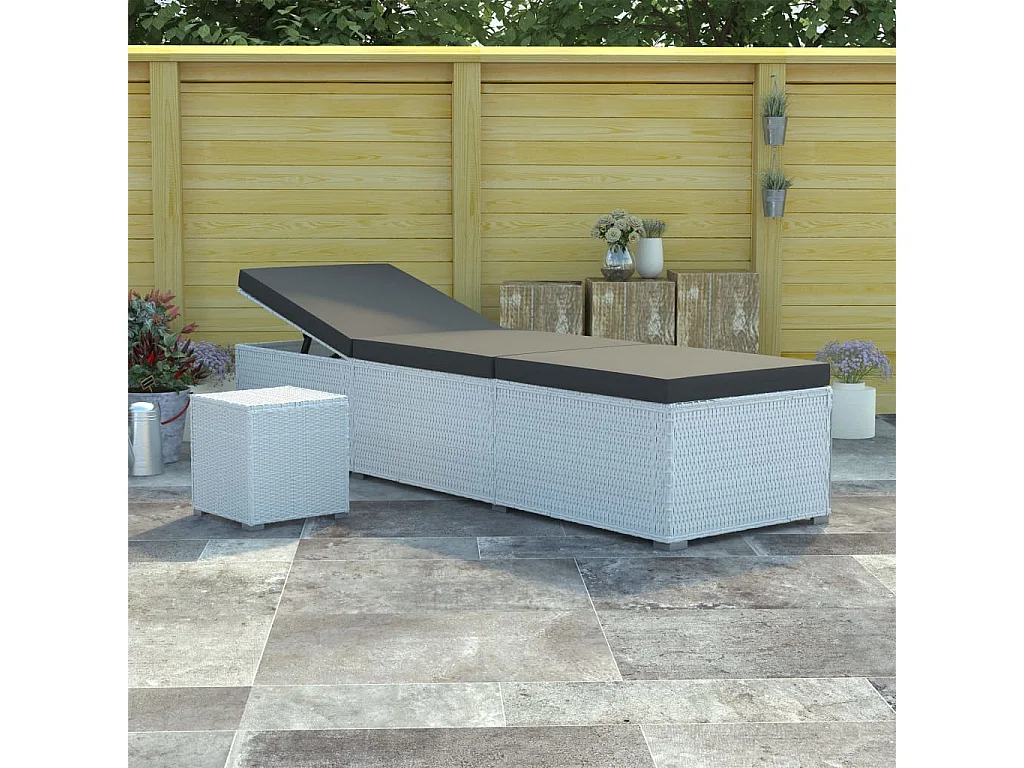 Chaise longue avec coussin et table à thé rotin Blanc