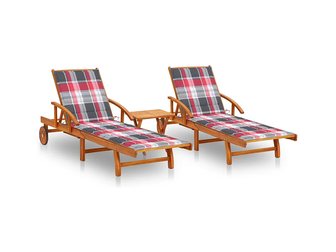 Sonnenliegen 2 Stk. mit Tisch und Auflagen Massivholz Akazie