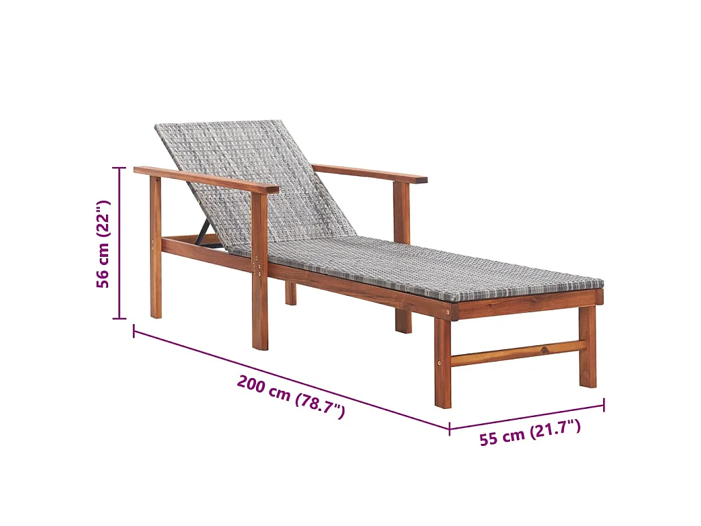 Chaise longue Résine tressée et bois d'acacia massif Gris
