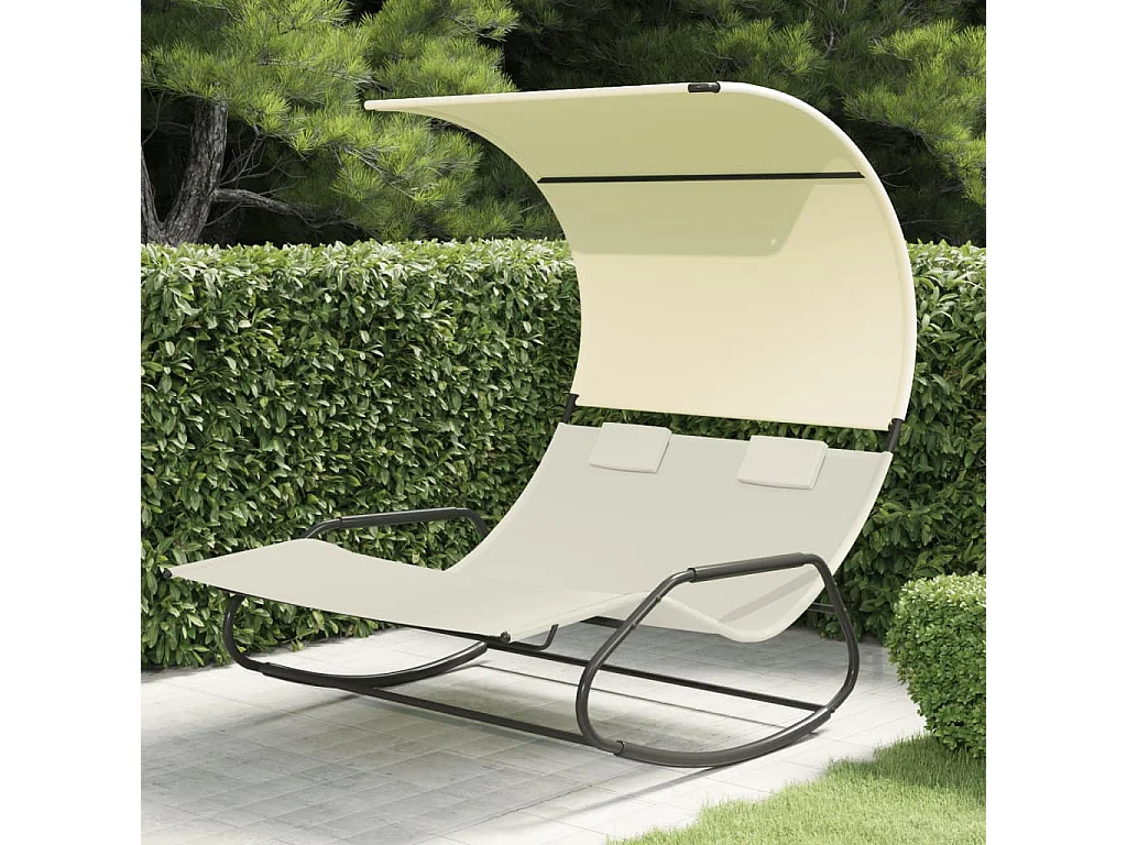 Chaise longue double à bascule avec auvent Crème