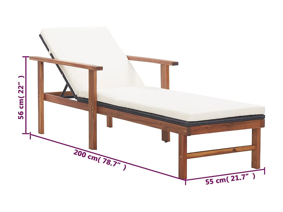 Sdraio con Cuscino Polyrattan e Legno Massello di Acacia Nera