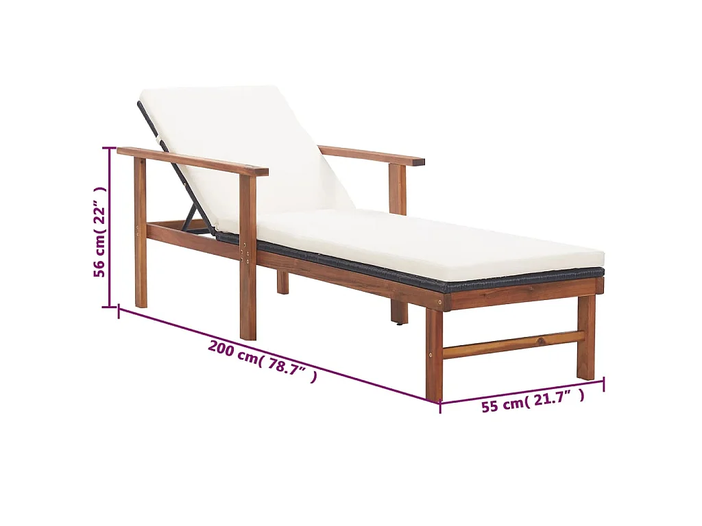 Sonnenliege mit Auflage Poly-Rattan Akazie Massivholz Schwarz