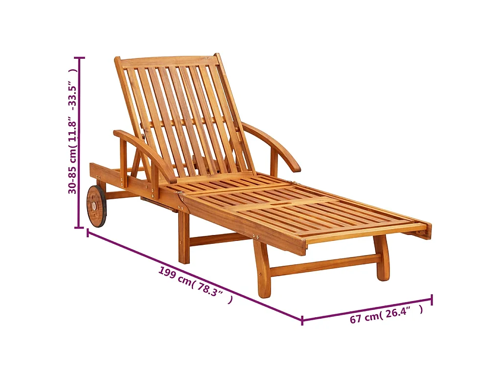 Chaises longues lot de 2 avec table et coussins Acacia solide