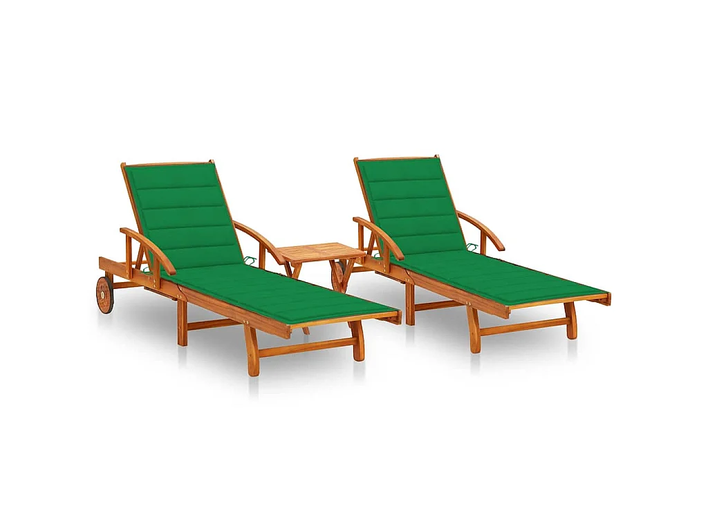 Chaises longues lot de 2 avec table et coussins Acacia solide
