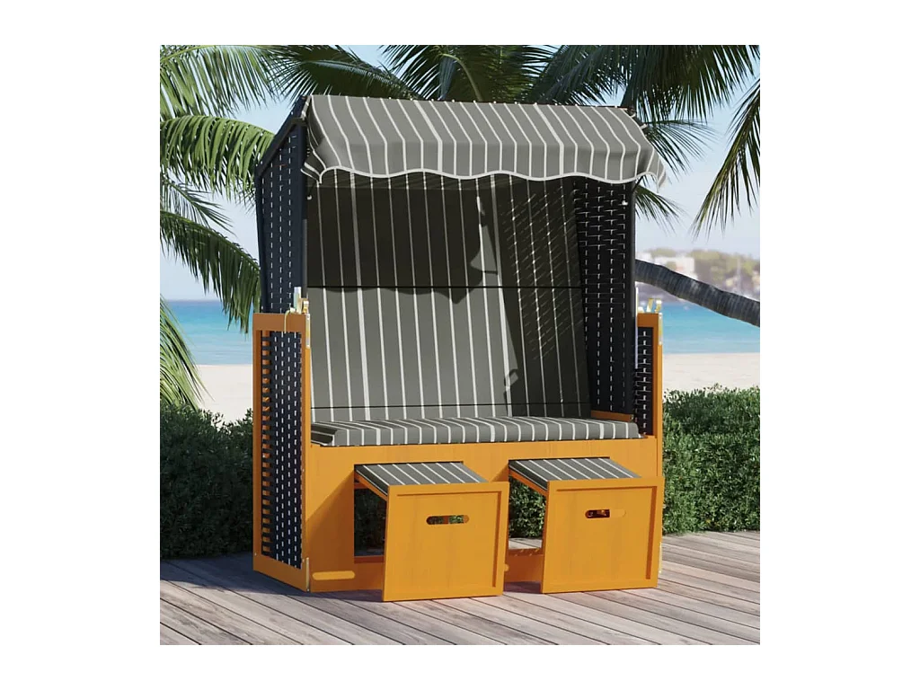 Strandkorb mit Dach Poly Rattan und Massivholz Schwarz & Grau