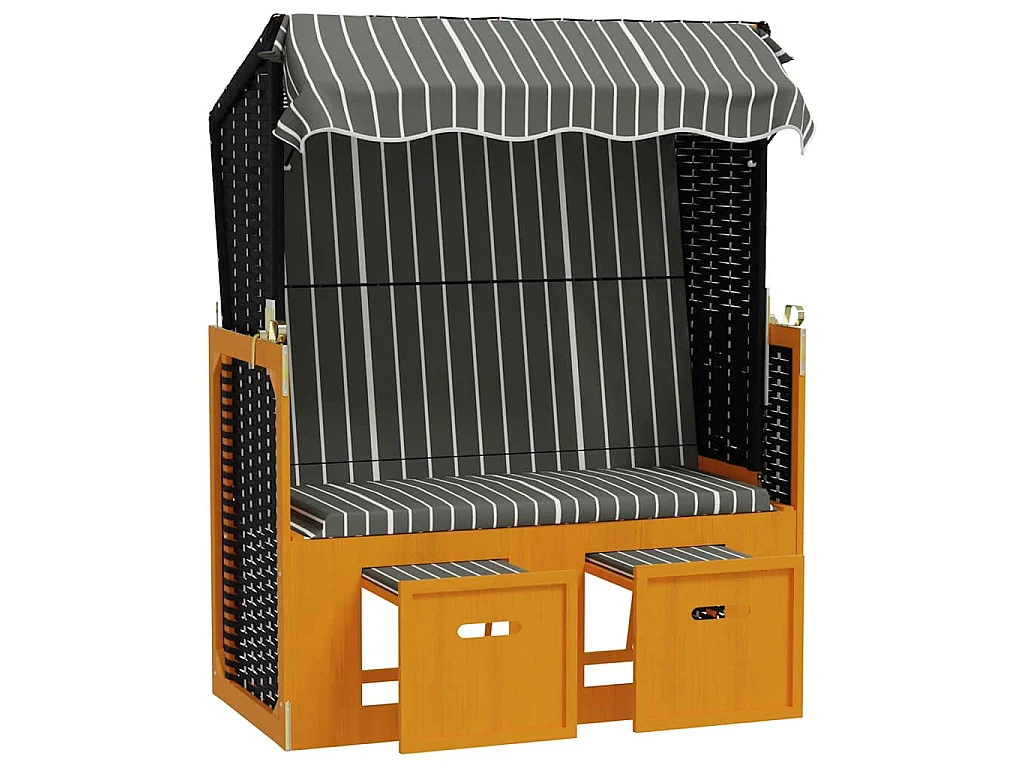 Strandkorb mit Dach Poly Rattan und Massivholz Schwarz & Grau