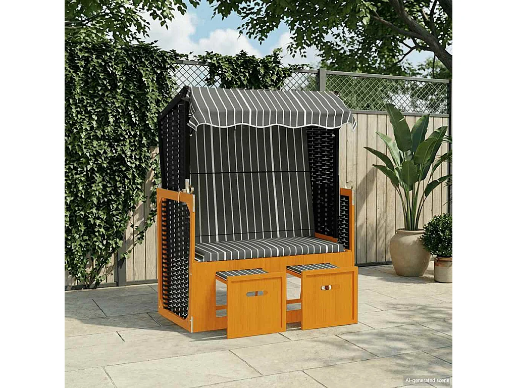 Strandkorb mit Dach Poly Rattan und Massivholz Schwarz & Grau
