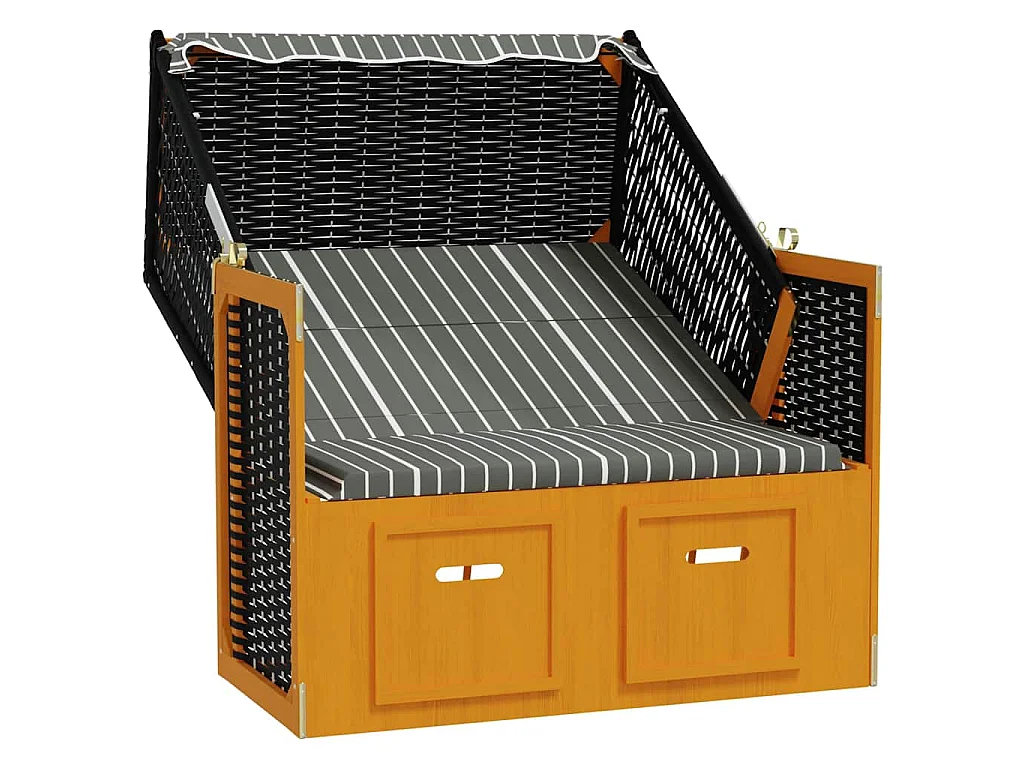 Strandkorb mit Dach Poly Rattan und Massivholz Schwarz & Grau