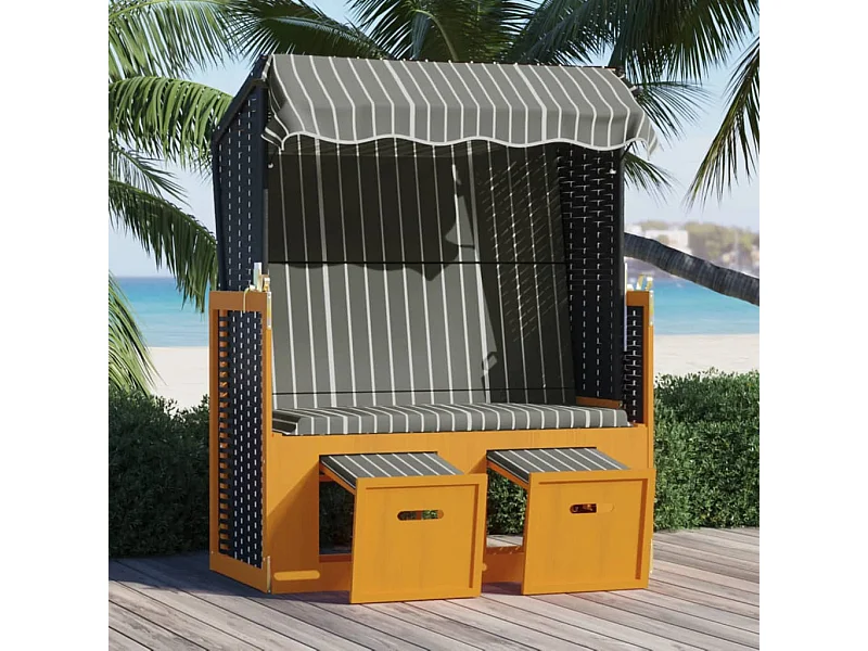 Strandstoel met luifel poly rattan en hout zwart en grijs