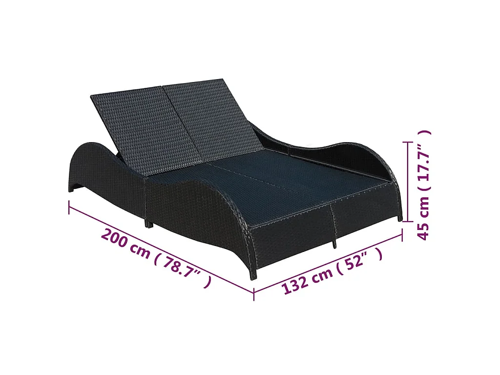 Chaise longue double avec coussin Résine tressée Noir