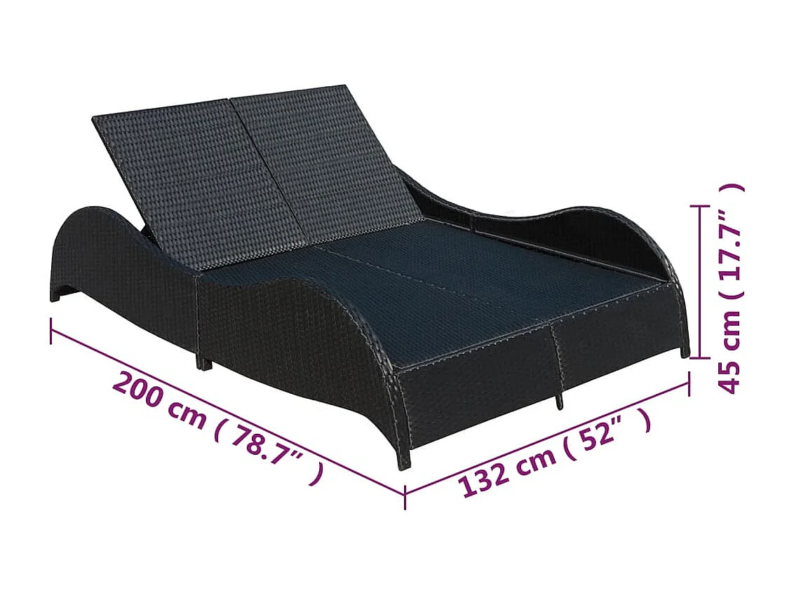 Chaise longue double avec coussin Résine tressée Noir
