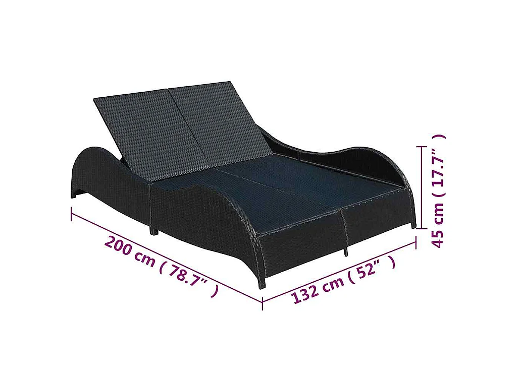 Chaise longue double avec coussin Résine tressée Noir