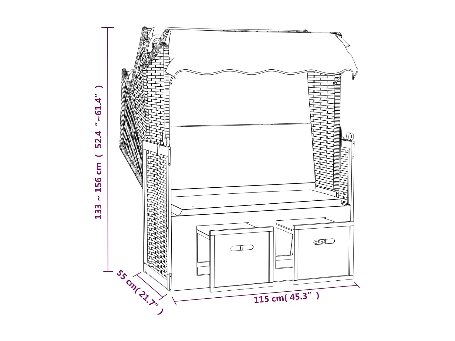 Strandkorb avec auvent résine tressée et bois solide blanc bleu