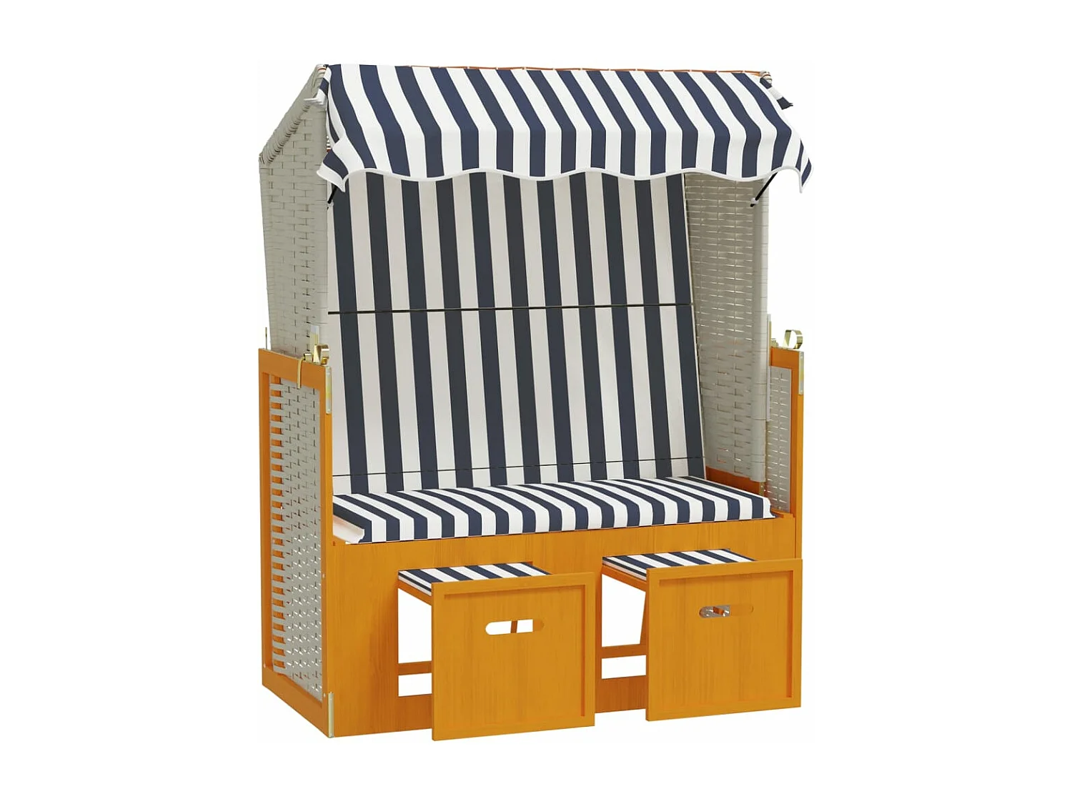 Strandkorb avec auvent résine tressée et bois solide blanc bleu