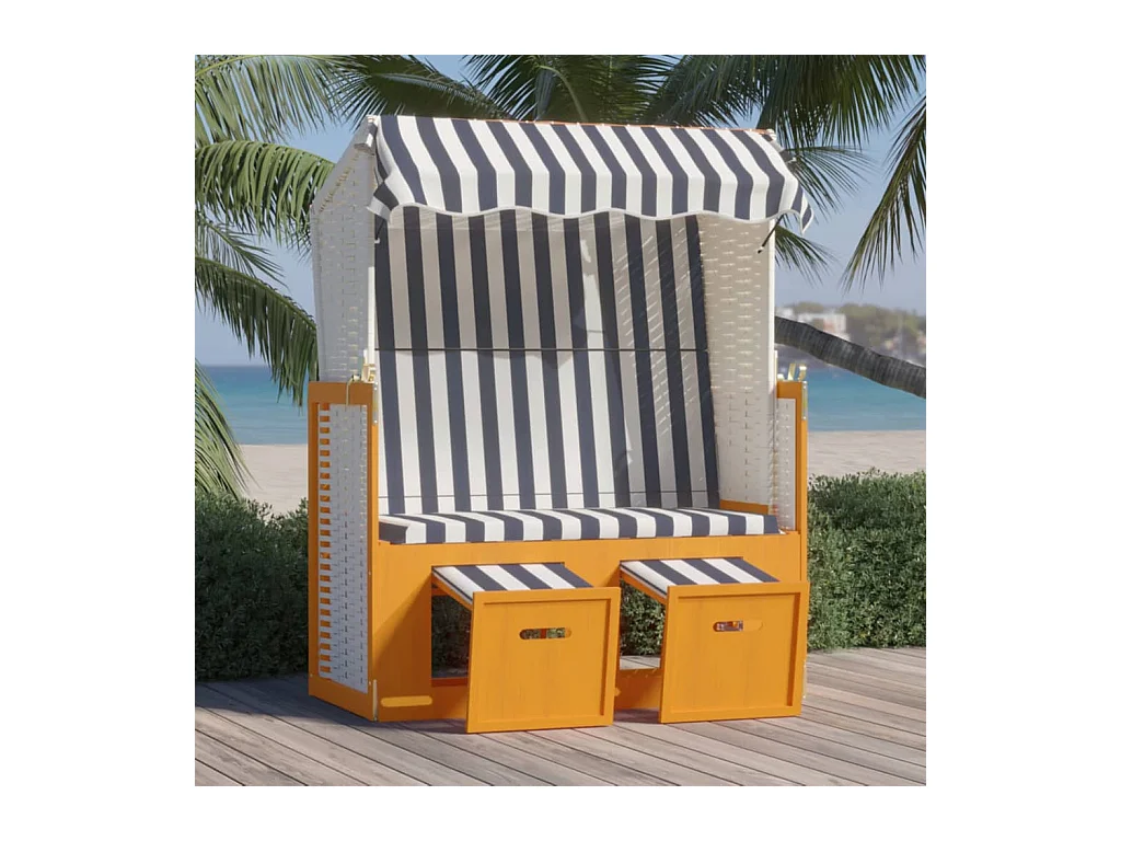 Strandkorb mit Dach Poly Rattan & Massivholz Weiß & Blau
