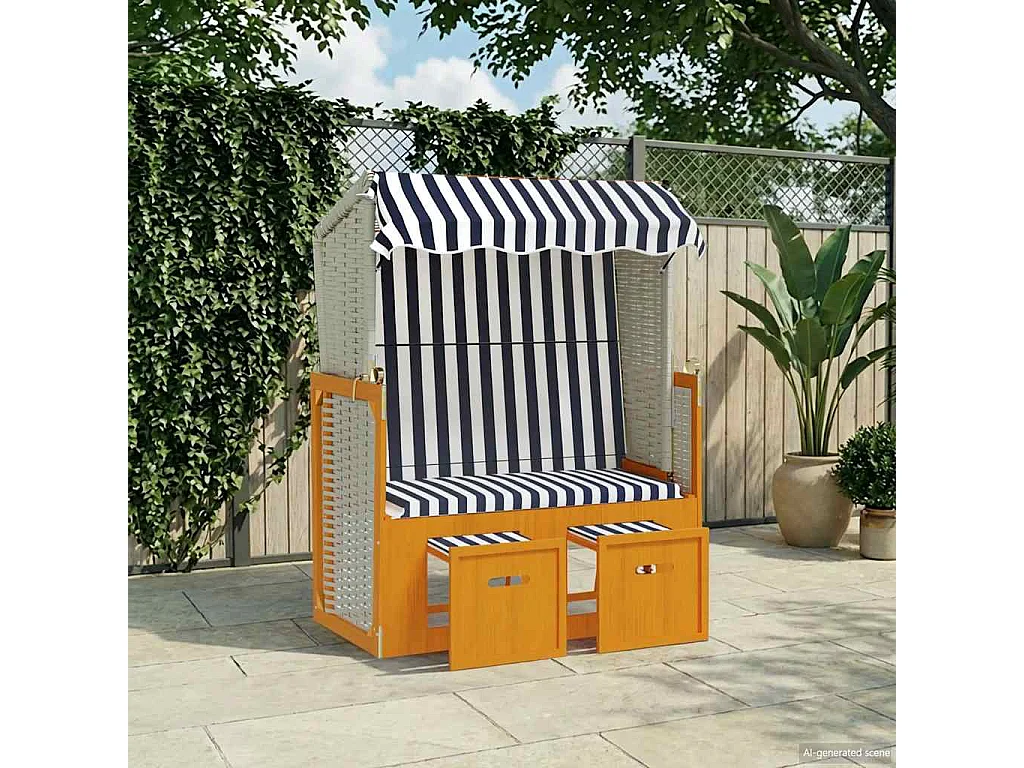 Strandkorb avec auvent résine tressée et bois solide blanc bleu