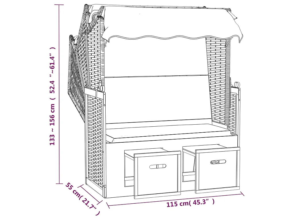 Strandkorb avec auvent résine tressée et bois solide blanc bleu