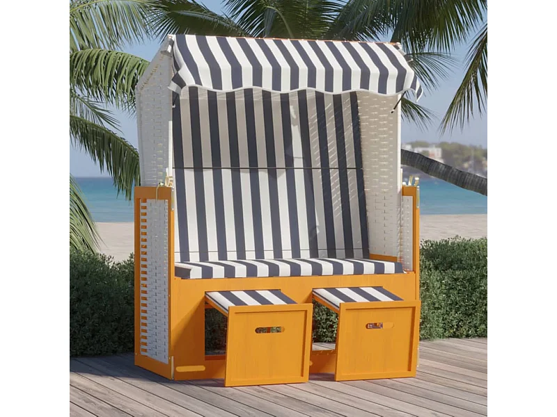 Strandstoel met luifel poly rattan en massief hout wit en blauw