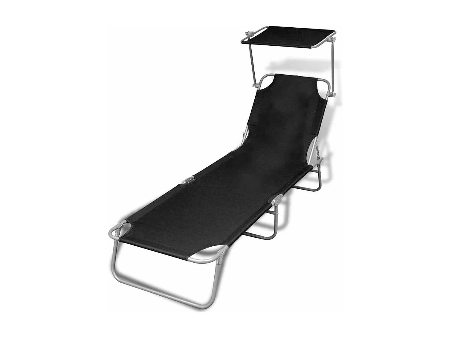 Chaise longue pliable avec auvent acier et tissu noir