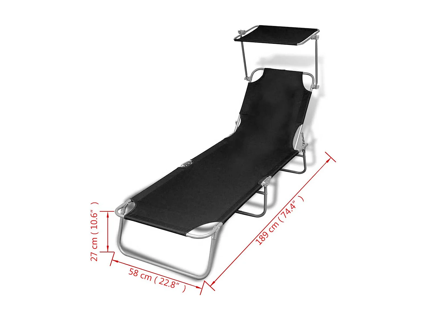Chaise longue pliable avec auvent acier et tissu noir
