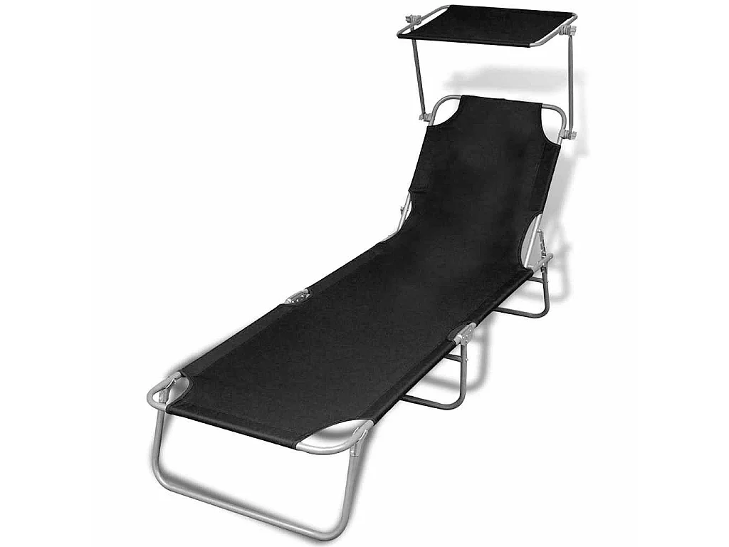 Chaise longue pliable avec auvent acier et tissu noir