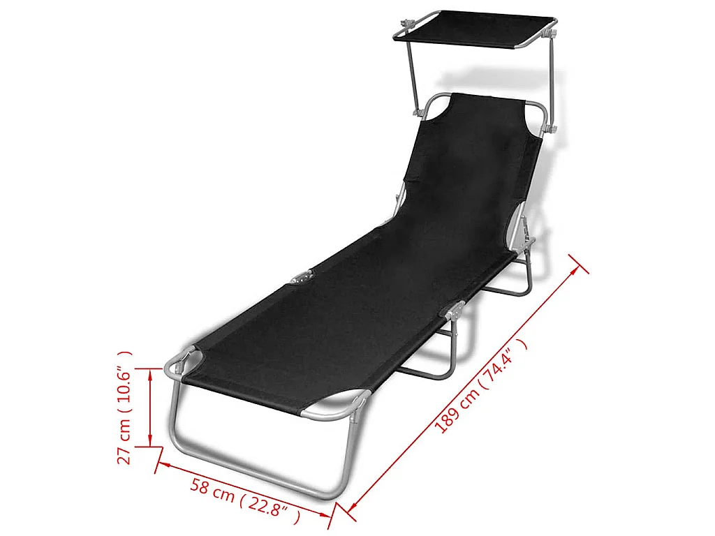 Chaise longue pliable avec auvent acier et tissu noir
