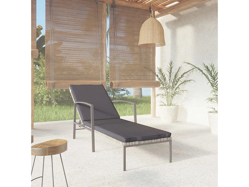 Chaise longue de jardin avec coussin Résine tressée Gris