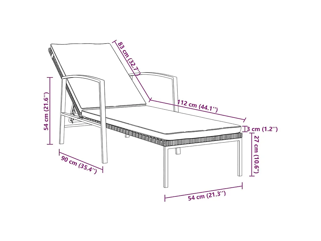 Chaise longue de jardin avec coussin Résine tressée Gris