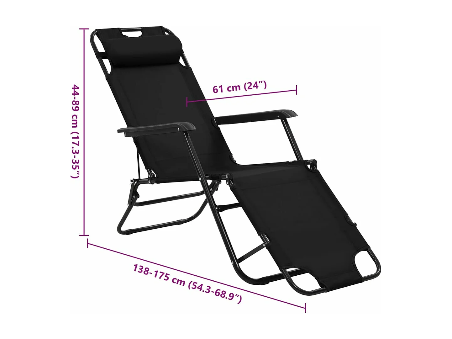 Espreguiçadeiras dobráveis com apoios de pé 2 pcs aço preto