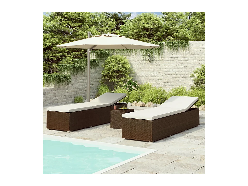 Chaise longue de jardin table à thé 3 pcs Résine tressée Marron