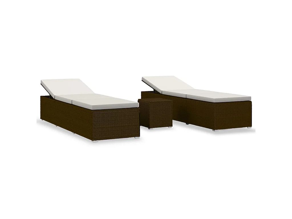 Lettini Prendisole con Tavolino 3 pz in Polyrattan Marrone
