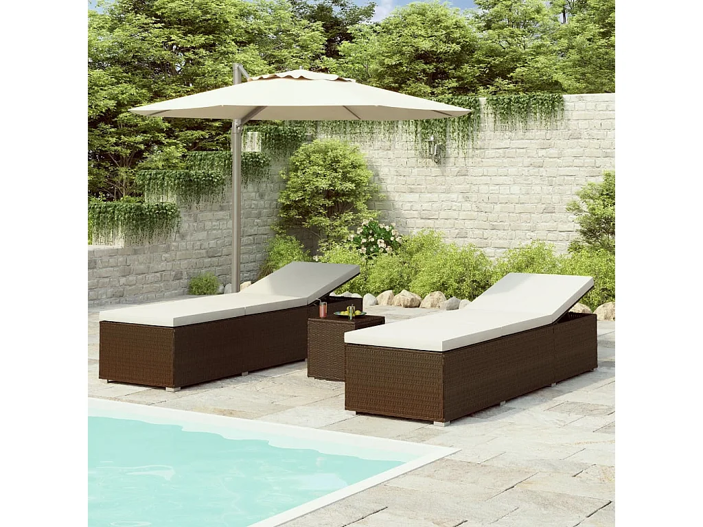 Lettini Prendisole con Tavolino 3 pz in Polyrattan Marrone