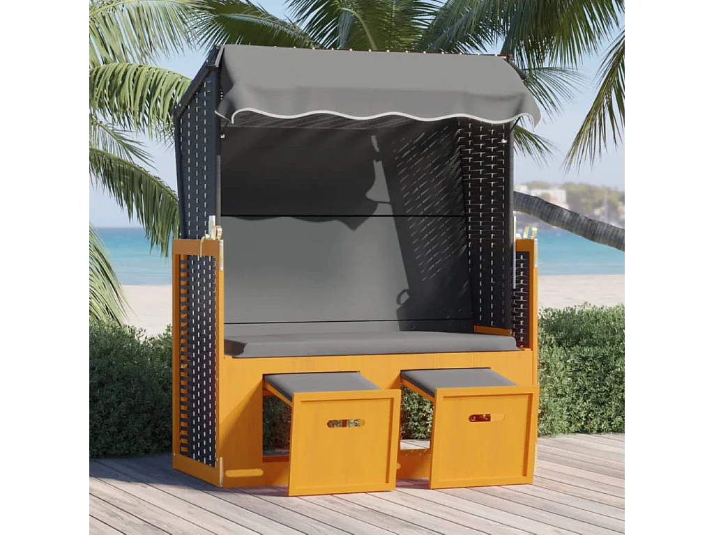 Strandkorb mit Dach Poly Rattan & Massivholz Schwarz Anthrazit
