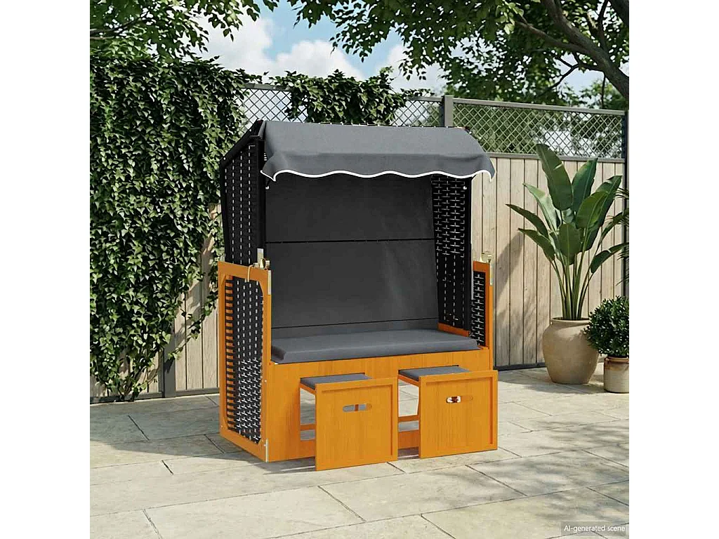 Strandkorb avec auvent résine tressée et bois solide anthracite