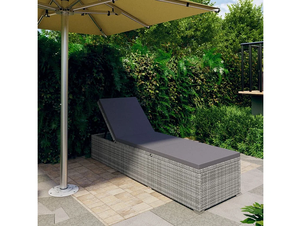 Ligbed met kussen poly rattan grijs